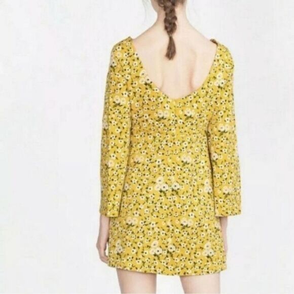 Zara Yellow Floral Bell Sleeve Mini Dress Small Mod Retro Colorful Summer - Picture 6 of 11
